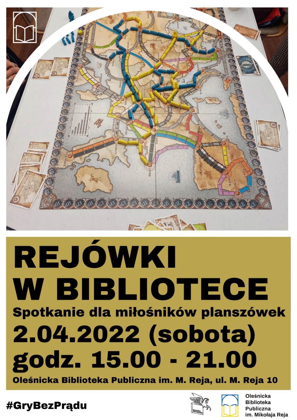 Plakat promujący kwietniowe spotkanie dla miłosników gier planszowych